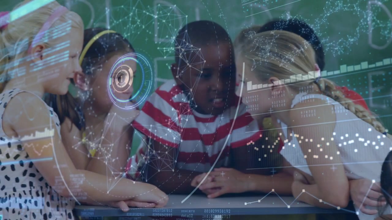 School girl lifting head as kids whispering, gathering around boy, talking, HUD radar charts moving