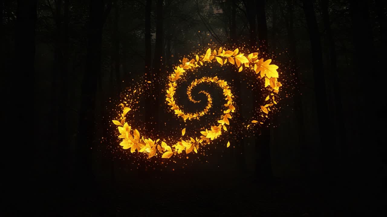 A Golden Spiral of Enchantment: Captivating Animation of Leaves Forming a Swirling Pattern Against a Mysterious Forest Background