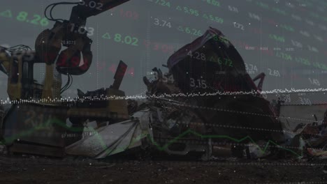 animación del procesamiento de datos del mercado de valores contra la máquina de elevación hidráulica que opera en el depósito de chatarra.