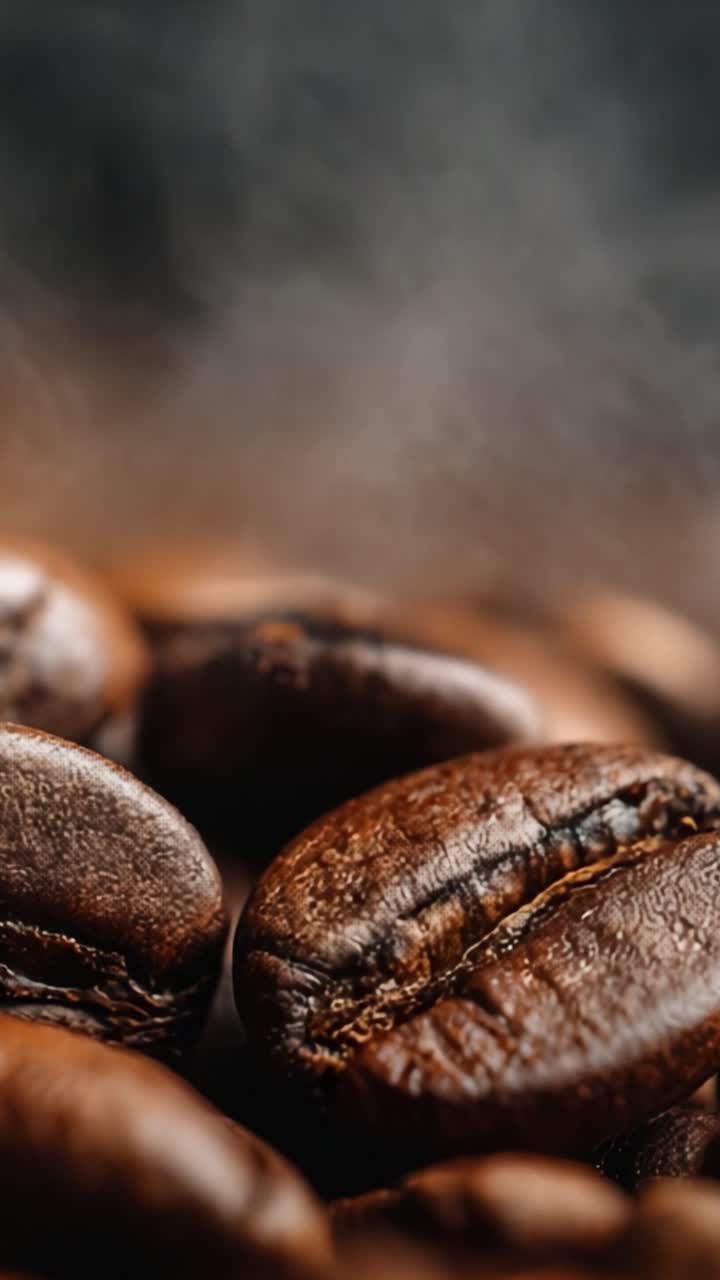 En nærbillede-rejse ind i aromaen af friskristede kaffebønner, der fanger kaffekulturens essens og rigdom gennem stemningsfuld damp og teksturer