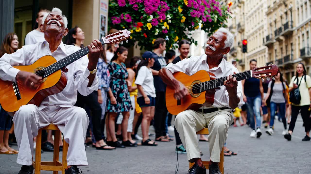 Músicos de rua tocando violões, capturados na altura dos olhos. Atmosfera vibrante e animada com uma multidão