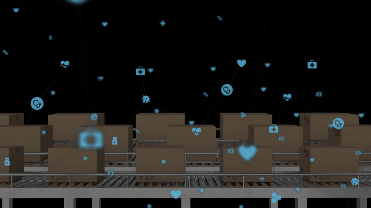 컨베이어 벨트의 상자 위에 있는 미디어 아이콘의 애니메이션