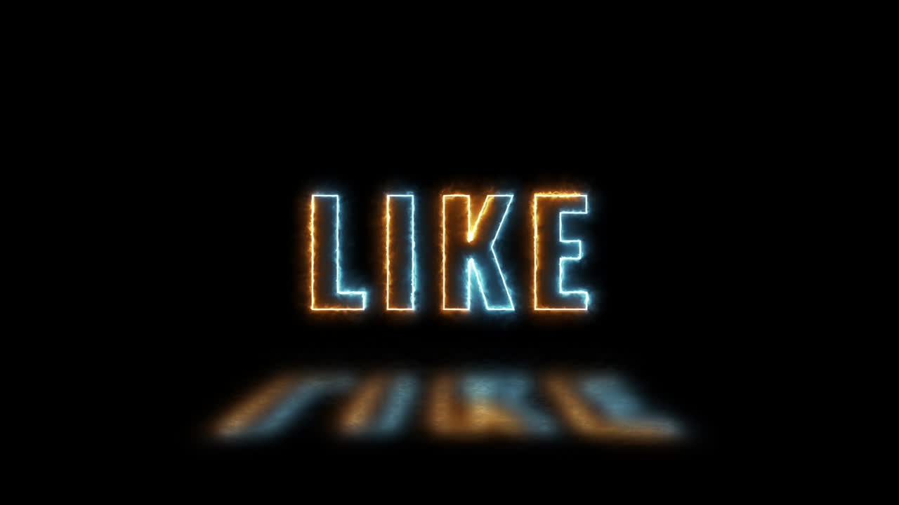 Texto de linha fina 'CURTIR' com luzes laranja e azuis e reflexos em um fundo escuro. Texto animado simples em loop contínuo. Gráfico de movimento de tipografia 4K.