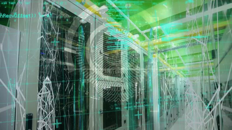 Animation of fingerprint scan and data processing over server room