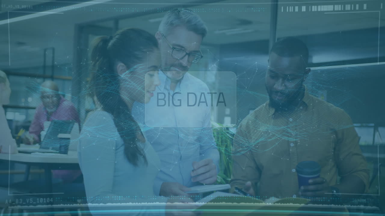 Business professionals discussing over Big Data animation in modern office setting