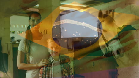 woman and child with horse, brazilian flag animation overlay in background