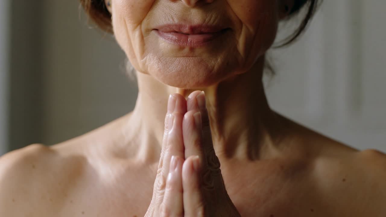 Inquadratura che sale, rivelando una donna anziana con le mani giunte al petto, spalle scoperte, in meditazione