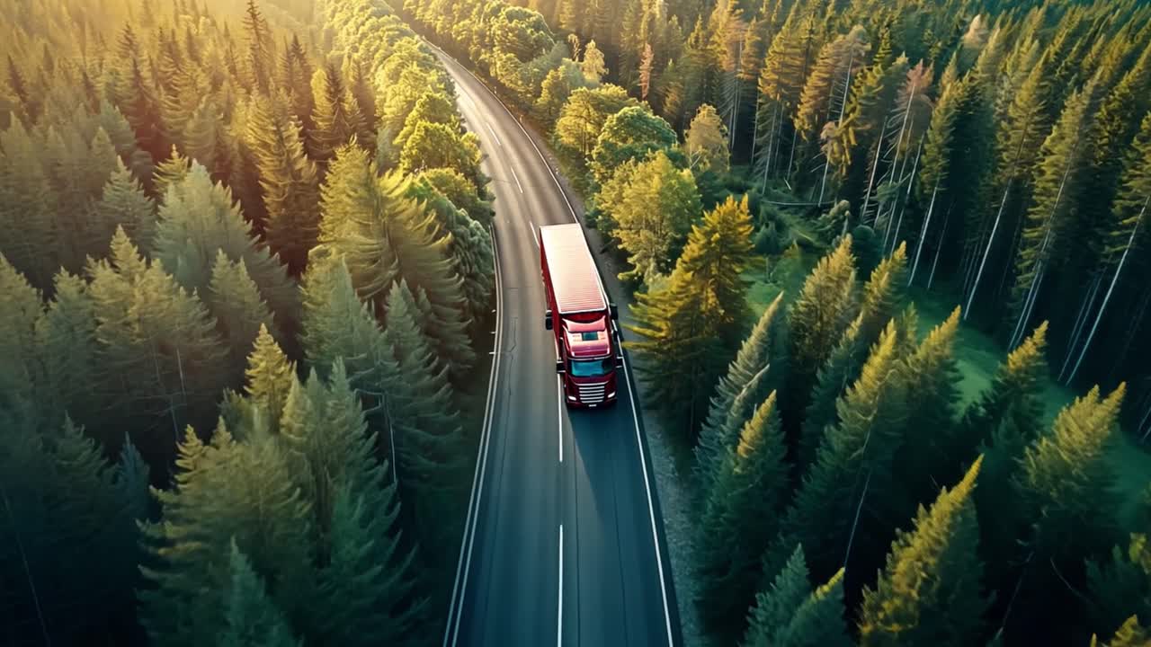 Red Semi-Truck on a Winding Forest Road at Sunset