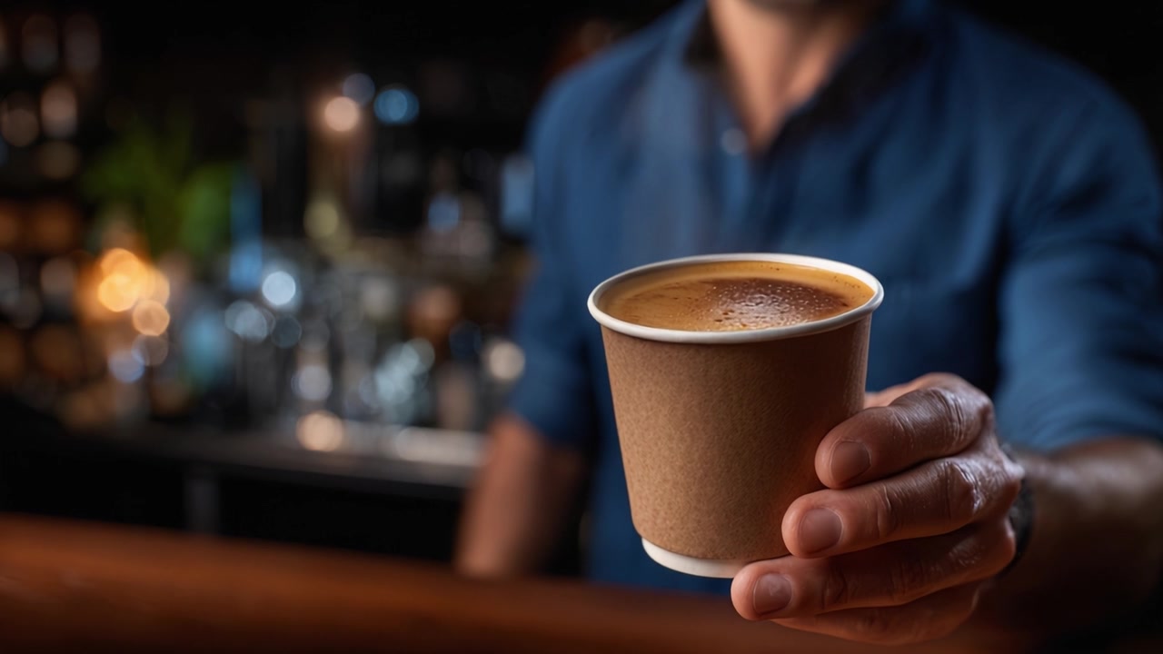 Un barista serve una tazza di caffè fumante, mettendo in mostra ricche texture e un aroma invitante che racchiudono la calda atmosfera di un vivace caffè.