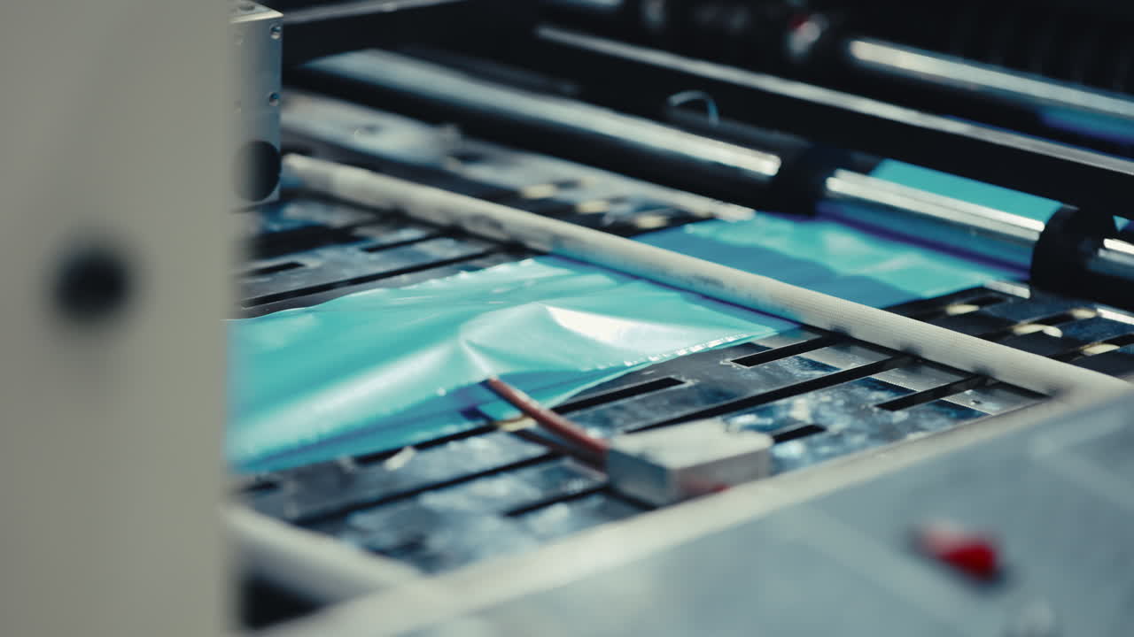 Close-up of an industrial machine with blue material