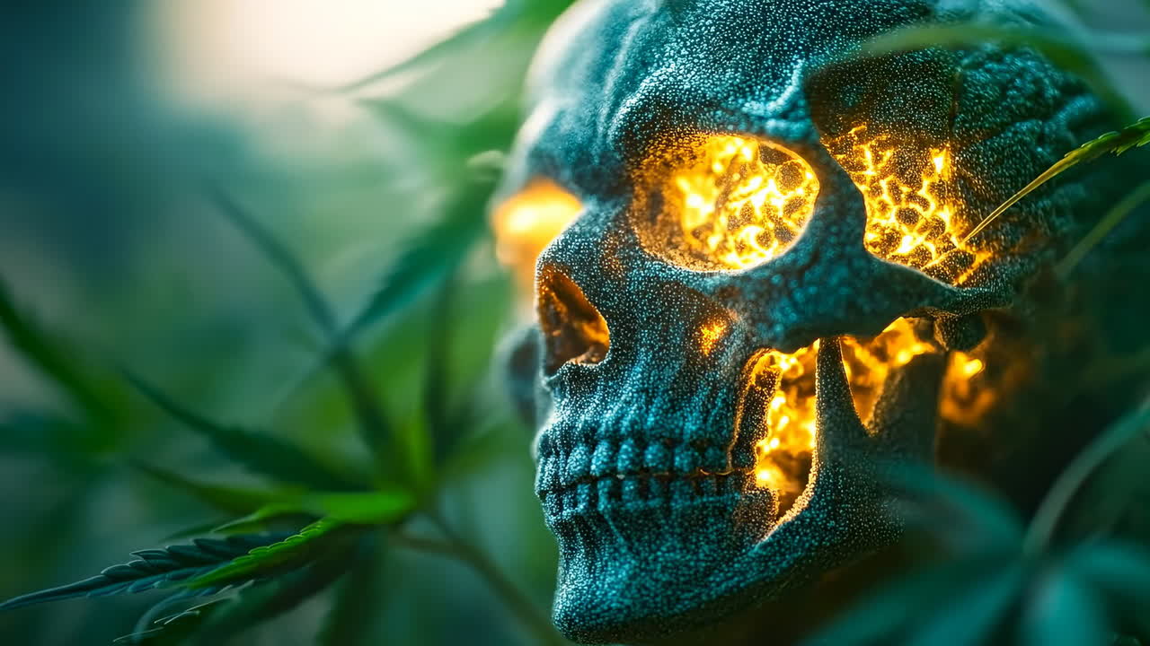 Glowing plants surround skull at dusk. A glowing skull sits among green plants during evening light, creating a mystical atmosphere in nature