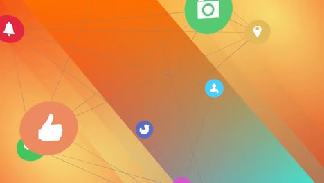 animation of media icons over orange shapes and background