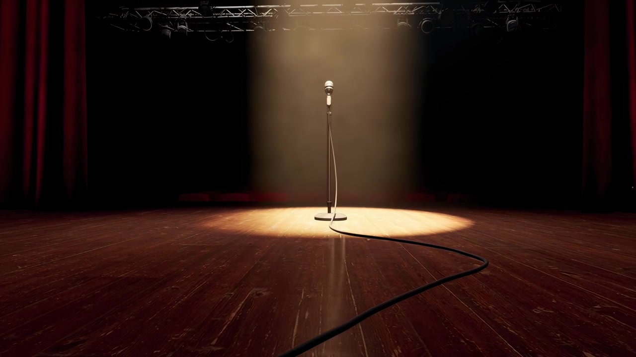 Microfono su un palco scuro sotto un singolo riflettore