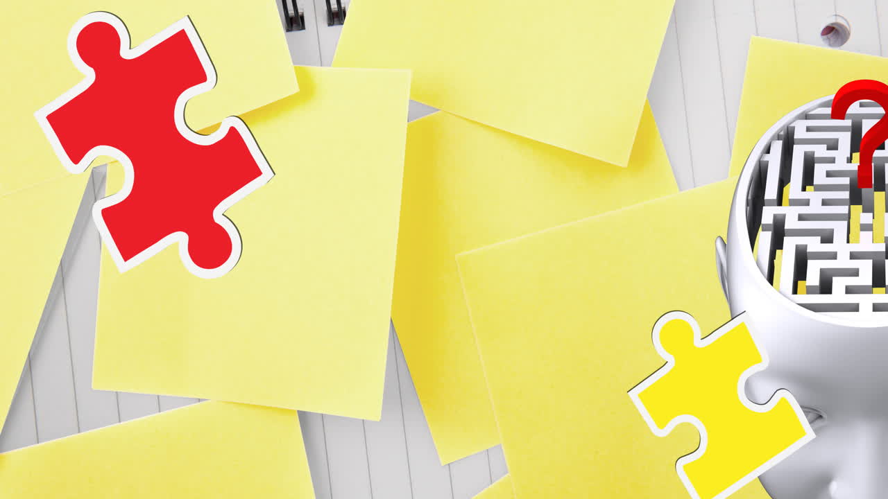 Animation of green, yellow and red puzzle pieces falling over human head with maze and question mark