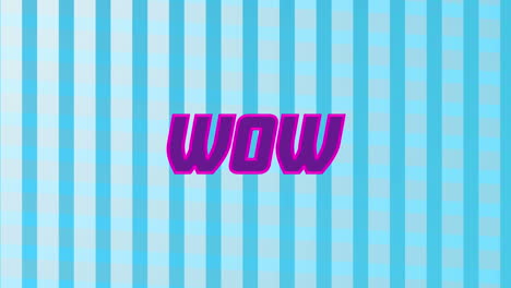 digital animation of purple wow text against against stripes on blue background