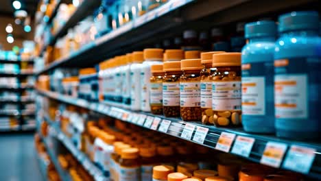 pharmacy shelves with medicines and healthcare products