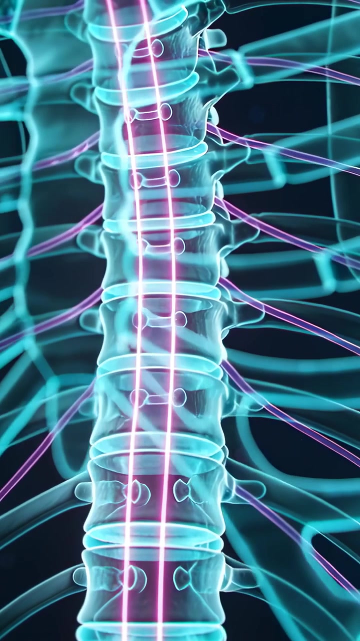 Vertical video: Panning camera showing thoracic spine in 3D for study, showing pulsing spinal cord