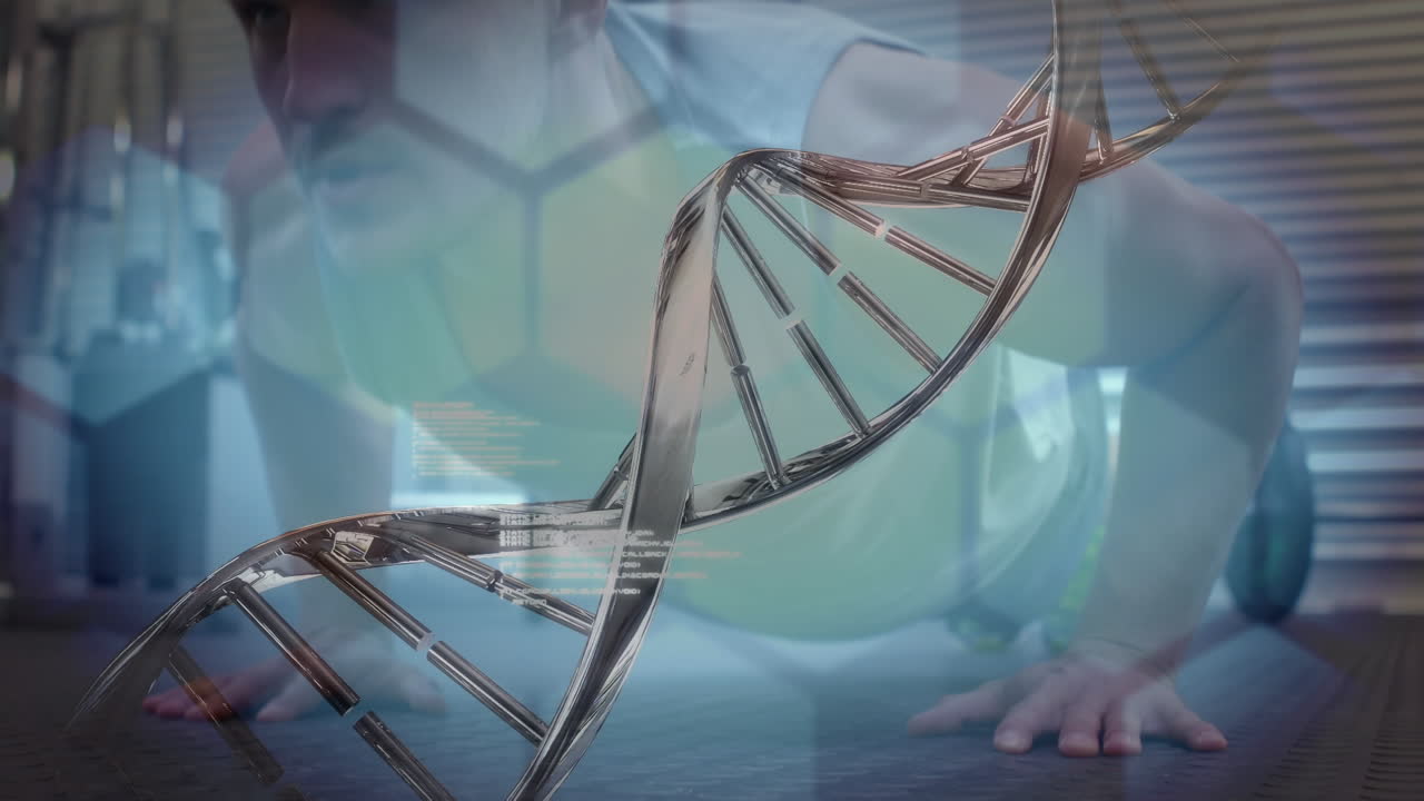 데이터 프로세싱과 강인한 사람의 운동을 하는 dna 가닥의 애니메이션