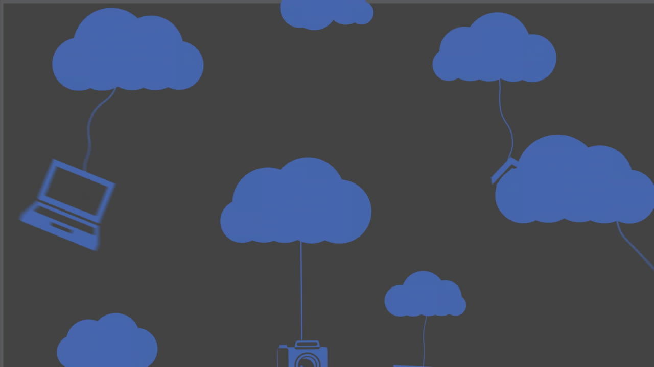 Cloud computing animation with various devices connected to blue clouds on black background