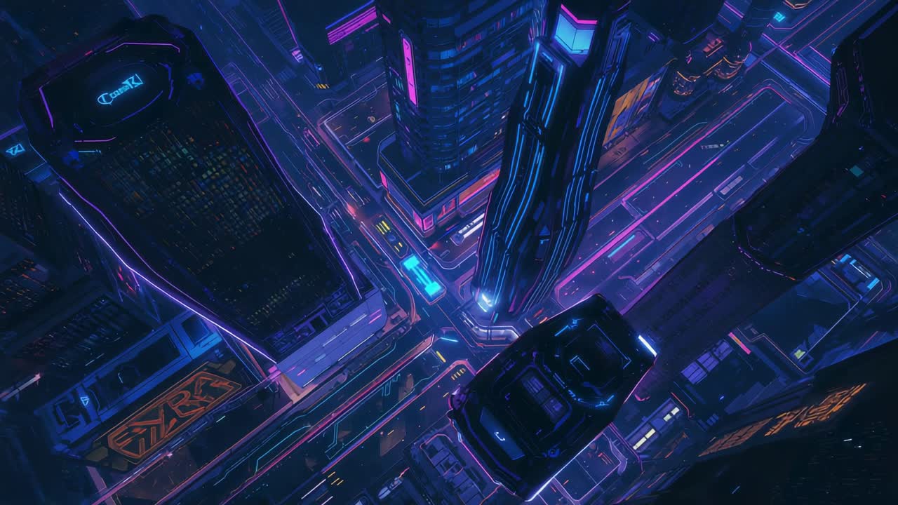 Camera tilting sending dark flying vehicle navigating neon intersection near tower, copy space