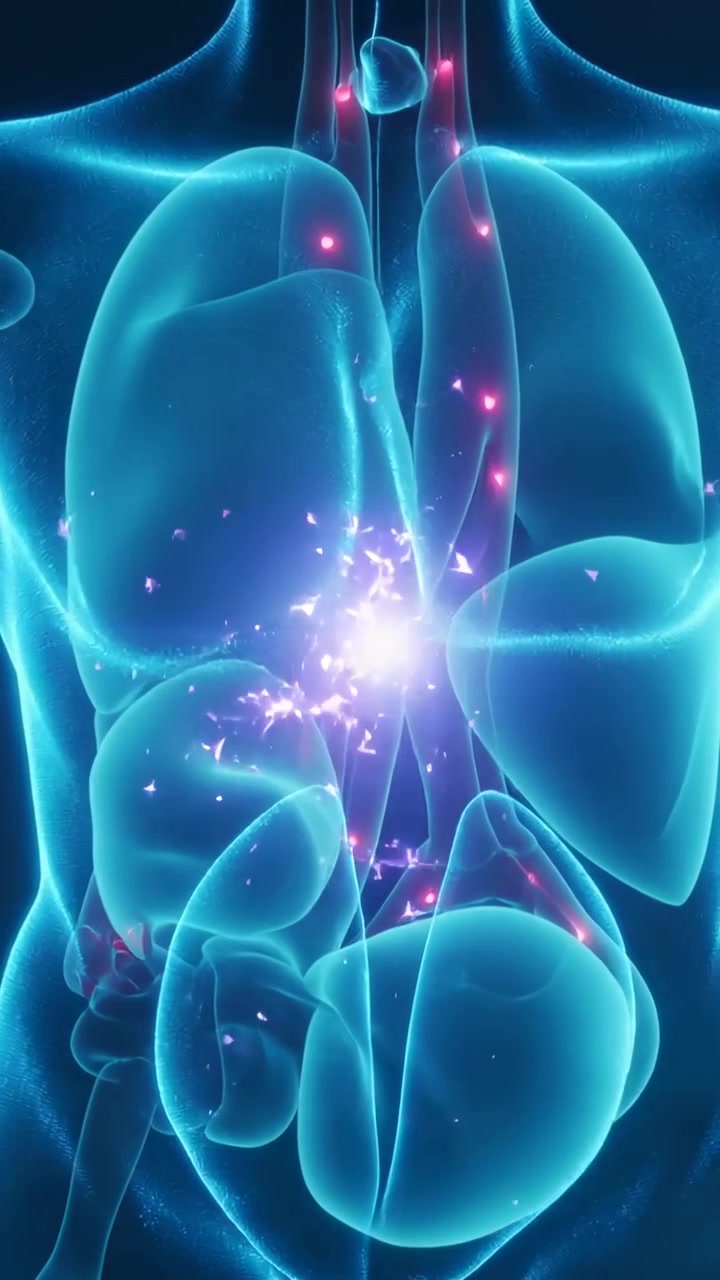 Vertical video: Sparking core glow, cyan torso emitting sparks along tube in medical view, lungs