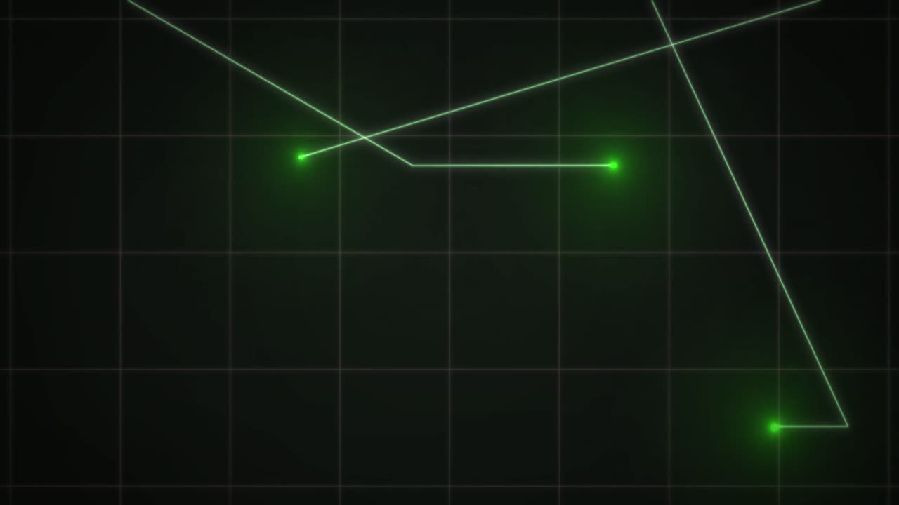 검은 바탕에 그리드에서 움직이는 빛의 흔적과 함께 빛나는 녹색 점의 애니메이션