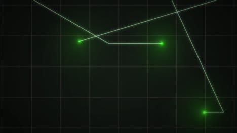 animación de puntos verdes brillantes con rastros de luz que se mueven en la cuadrícula sobre un fondo negro