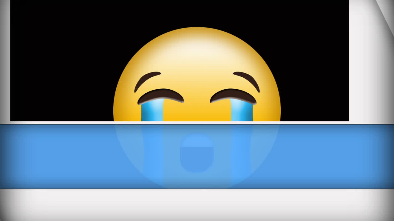 Animation of sad emoji icon over blue and white moving lines on black background