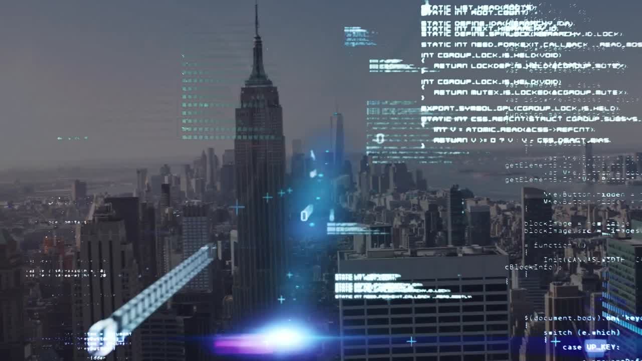 Animation of data processing over cityscape