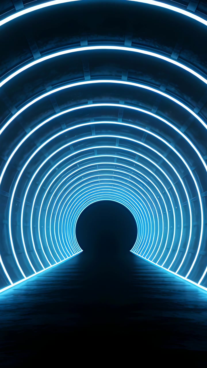 Vertical video: Camera starting recording, framing lit tunnel, blue LED arcs, dark aperture