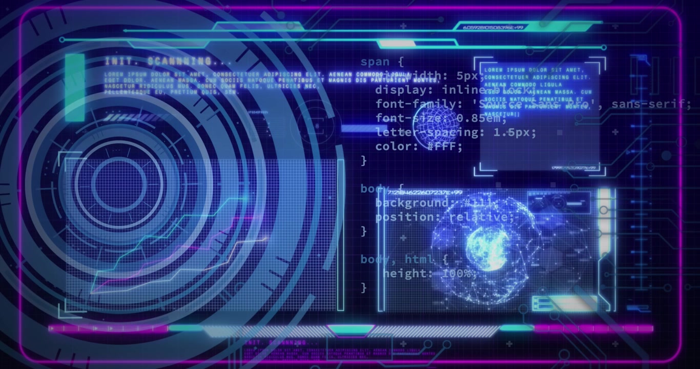 Animation of scope scanning over financial data processing on black background