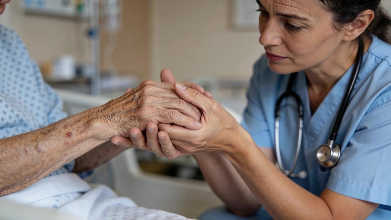 Enfermera con uniforme azul extendiendo la mano, sujetando y evaluando las manos del paciente en la cama del hospital, con estetoscopio.