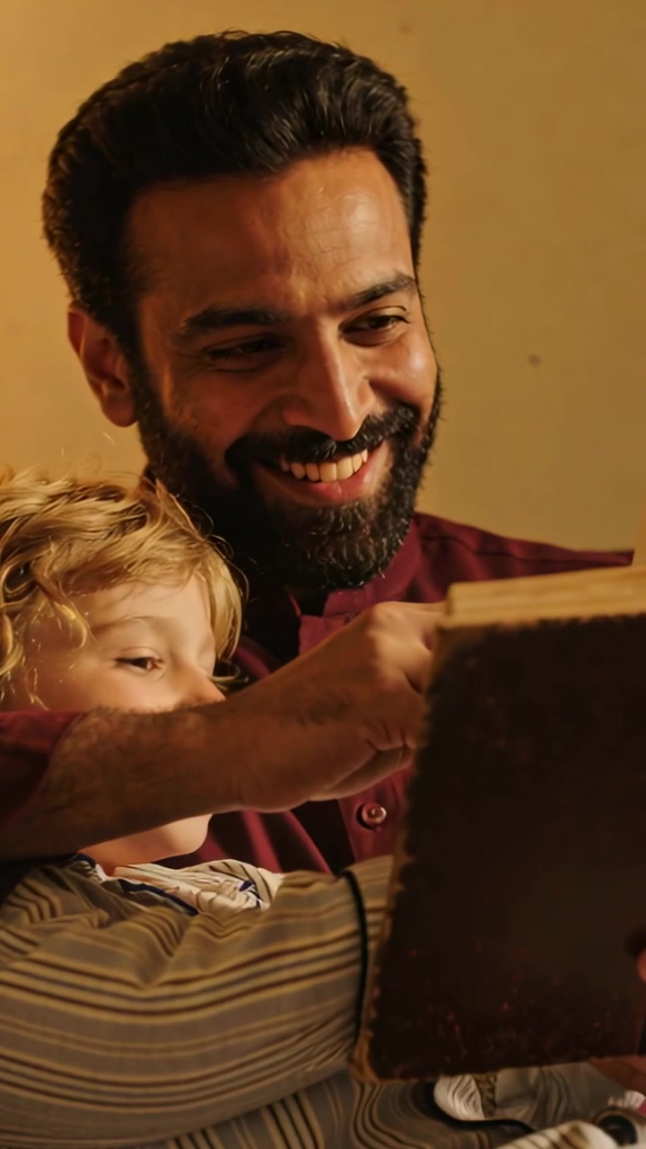Video vertical: Hombre con camiseta granate guiando la mano de un niño en casa enseñando a pasar las páginas de un libro de cartón