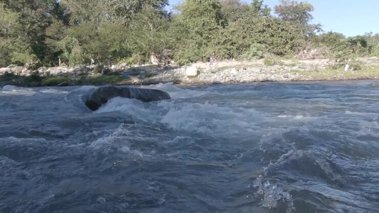 Fiume di montagna selvaggio che scorre tra rocce.