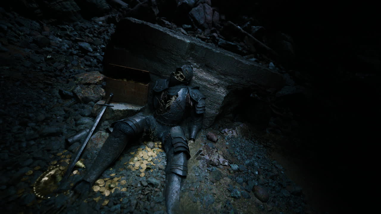 Knight found dead in cave with treasure scattered nearby at twilight