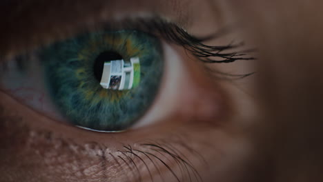 close up macro eye screen reflecting on iris browsing online at night