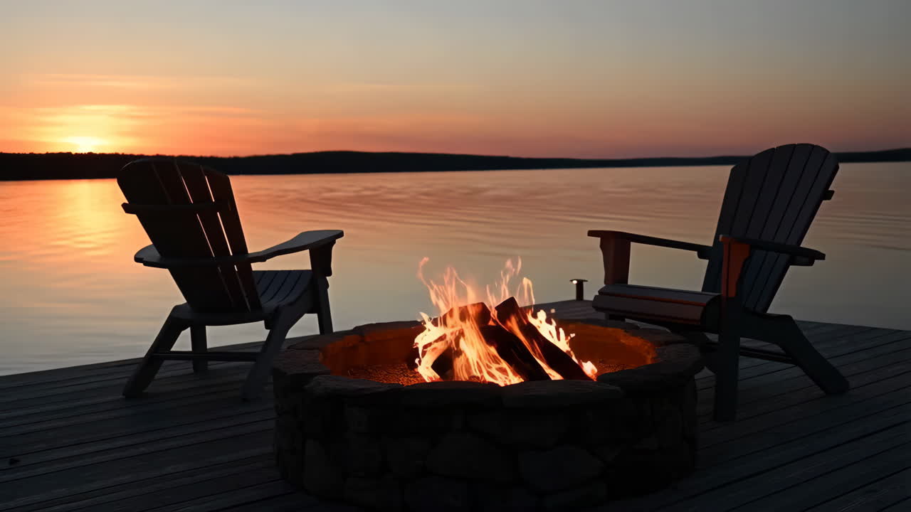 Lakeside Sunset with Fire Pit and Adirondack Chairs