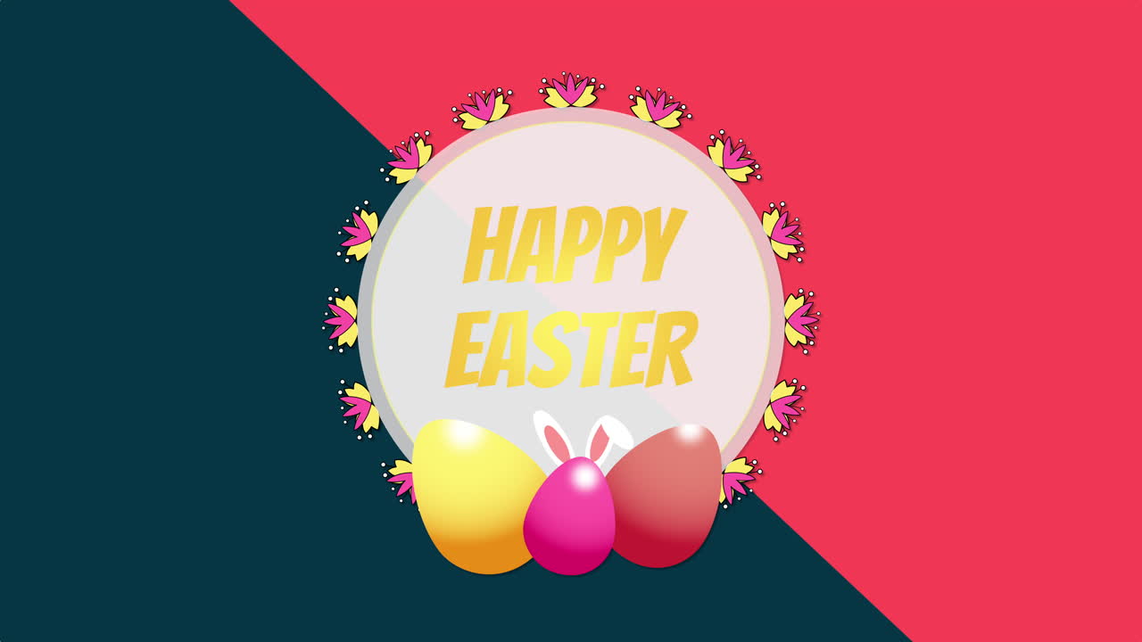 파란색과 빨간색에 애니메이션된 근접 촬영 행복 한 부활절 텍스트와 계란