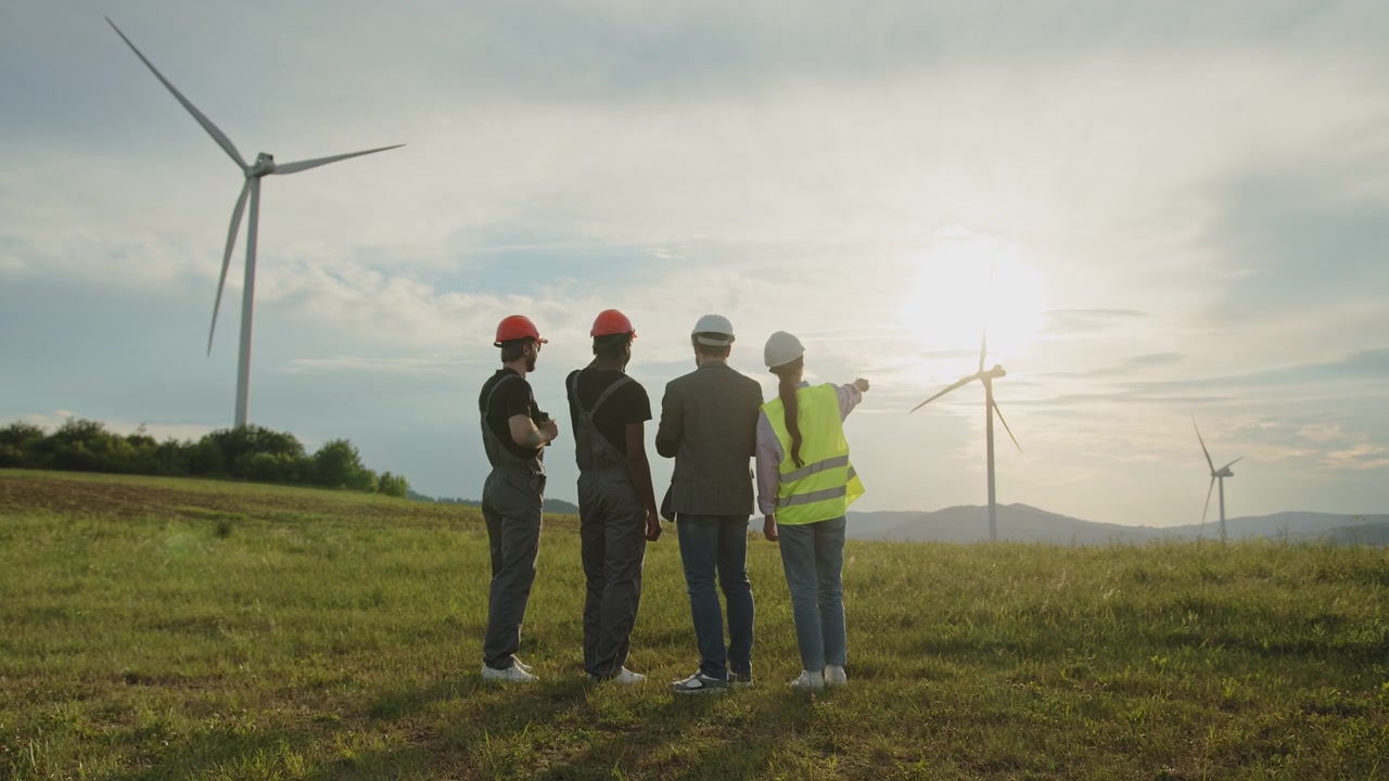 Engineers in hard hats and safety vests stand in a grassy field with wind turbines in the background