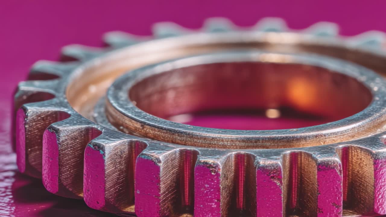 Vista ravvicinata di un ingranaggio metallico con una complessa struttura dentata su uno sfondo rosa vivido, che ne evidenzia il design e la texture.