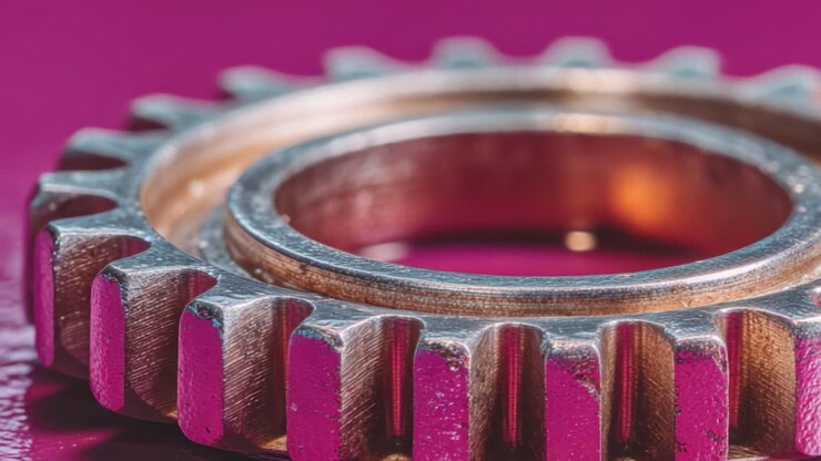 Vista ravvicinata di un ingranaggio metallico con una complessa struttura dentata su uno sfondo rosa vivido, che ne evidenzia il design e la texture.