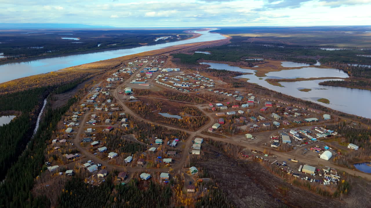 Hamlet Of Fort McPherson Along The Dempster Highway, Inuvik Region of the Northwest Territories, Canada. Aerial Shot