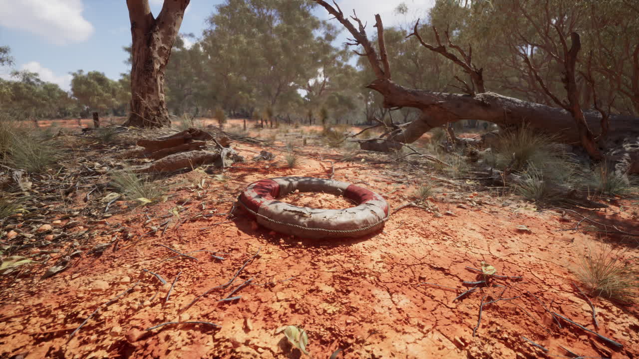 먼지 가득한 오스트레일리아의 풍경에서 버려진 구명 장치
