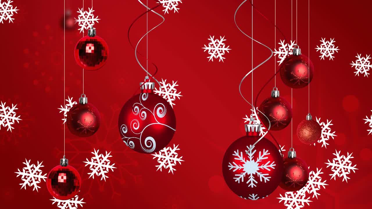 animación de bolas de navidad sobre copos de nieve sobre fondo rojo