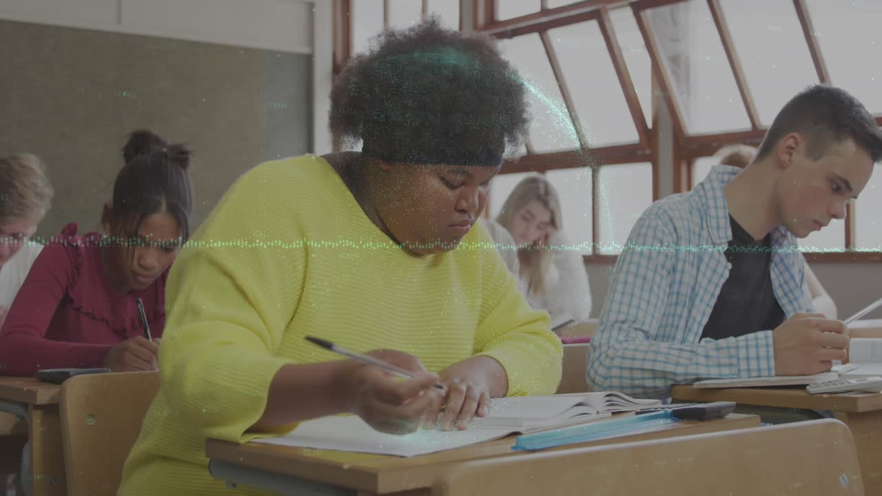 Animation of globe and graph over class of diverse pupils learning