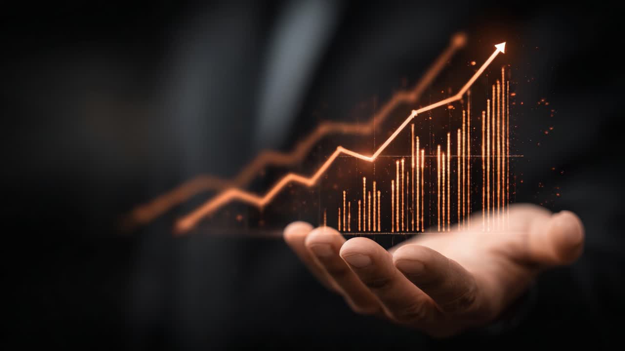 A businessman holding a digital representation of a growing financial graph, illustrating trends, data analysis, and positive economic growth through visual data