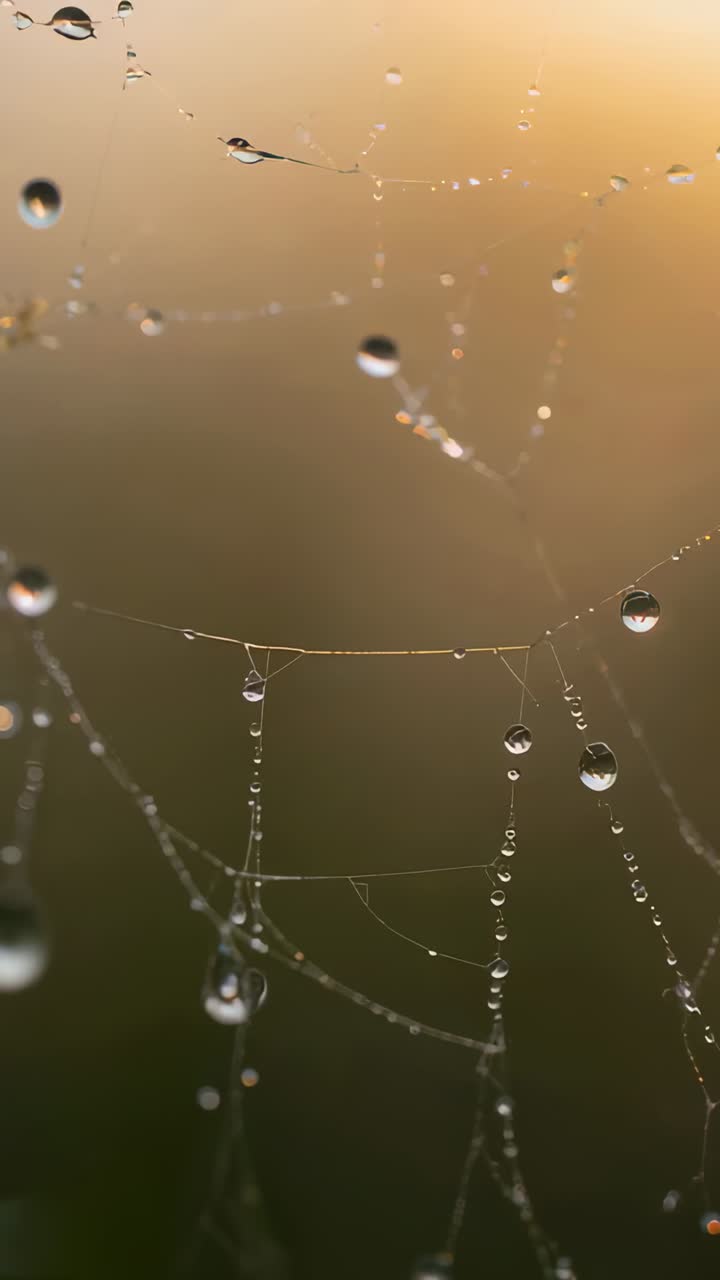Vertical video: Focus shifting, lens showing spider silk web dew in field dawn to reveal details