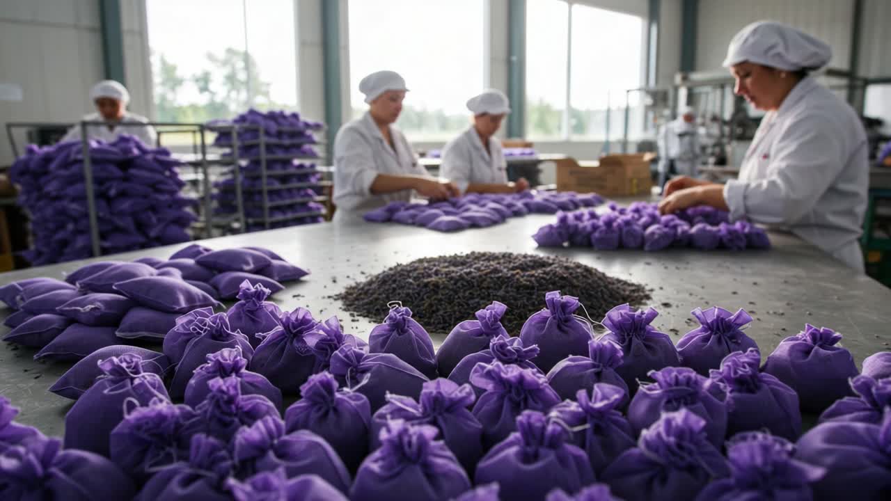 Workers Skillfully Packing Purple Bags in a Factory Setting, Showcasing the Precision and Dedication in Manufacturing and Assembly Line Operations