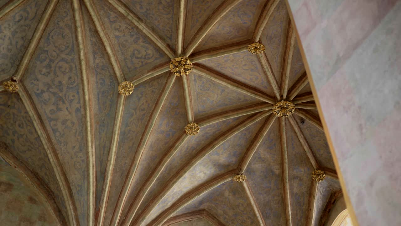 Ornate ceiling of the historic hall in a Gothic castle