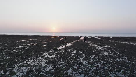 Low-Angle-Drone-shot-panning-over-Bingin-Beach-low-tide-reef-with-sunset-and-human-silhouettes-in-Uluwatu-Bali-Indonesia